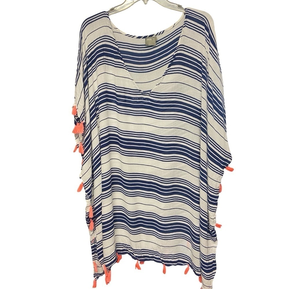 ASOS Swimsuit Cover Up Size 14 Navy White Stripes Hot Pink Tassels Pool Beach